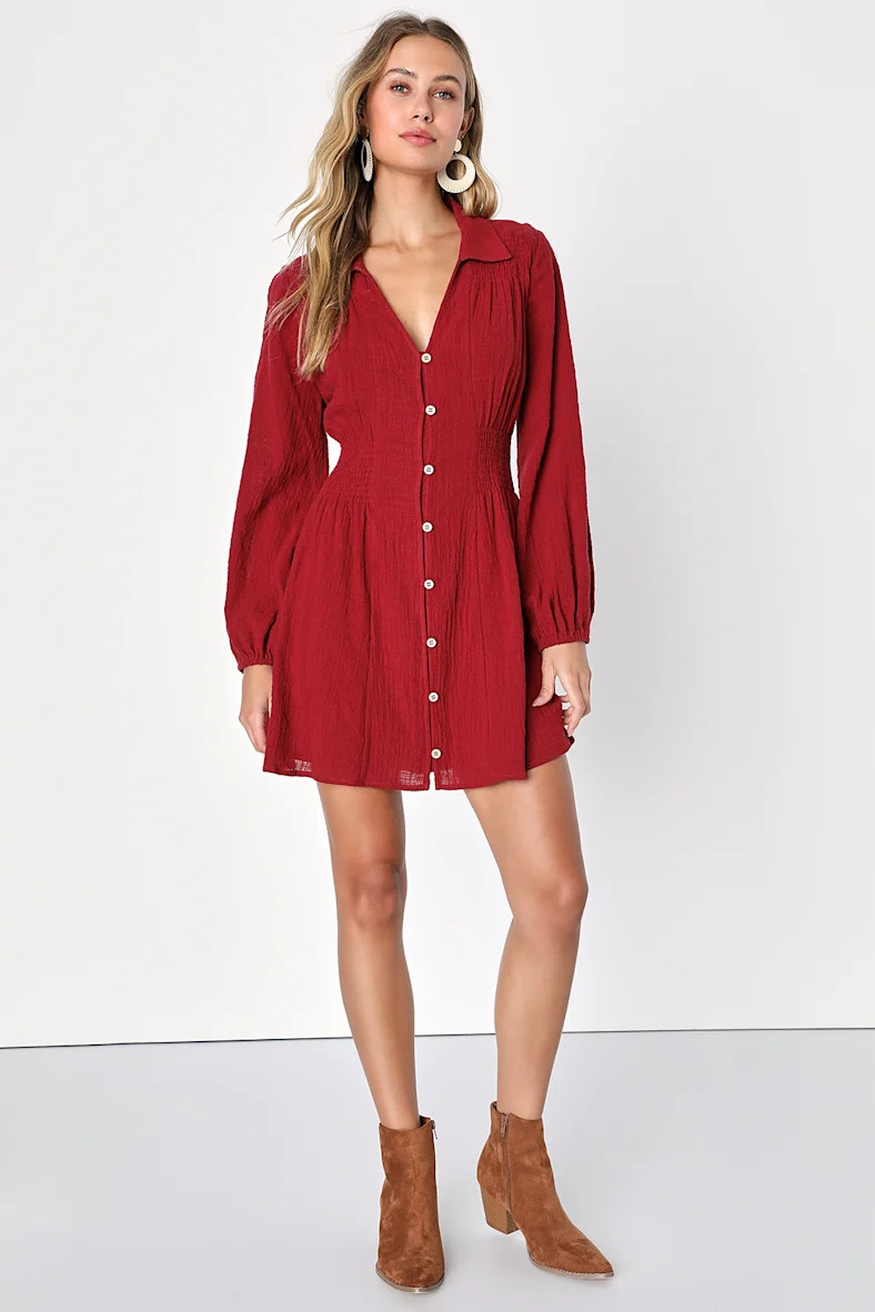 Best Harvest Wine Long Sleeve Button-Up Mini Dress With Pockets | Lulus (US)