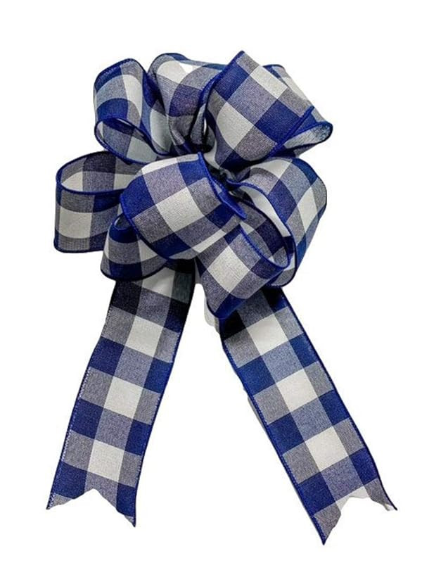Large - White/Navy Blue Buffalo Plaid - Add On Bow for Wreaths or Signs - Fluffy Bow for Gift or ... | Amazon (US)