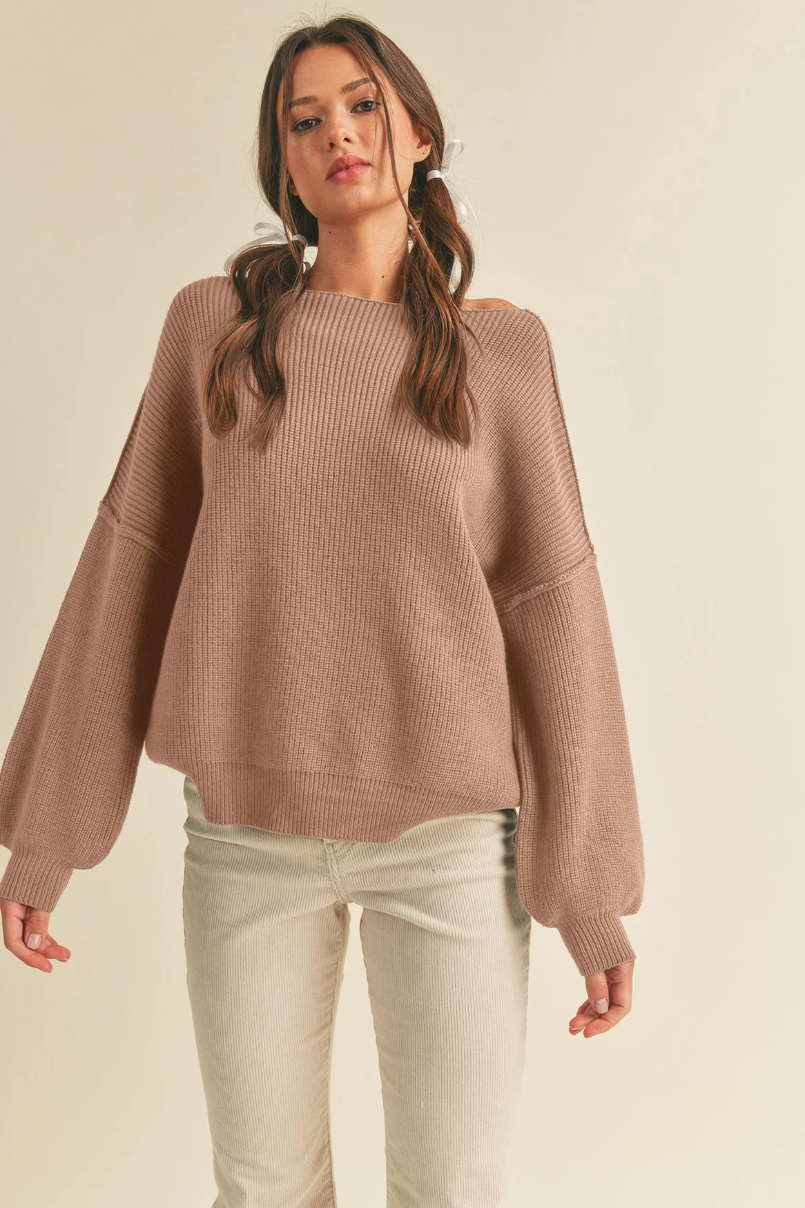 Light Taupe Balloon Sleeve Boat Neck Knit Sweater | PinkBlush Maternity
