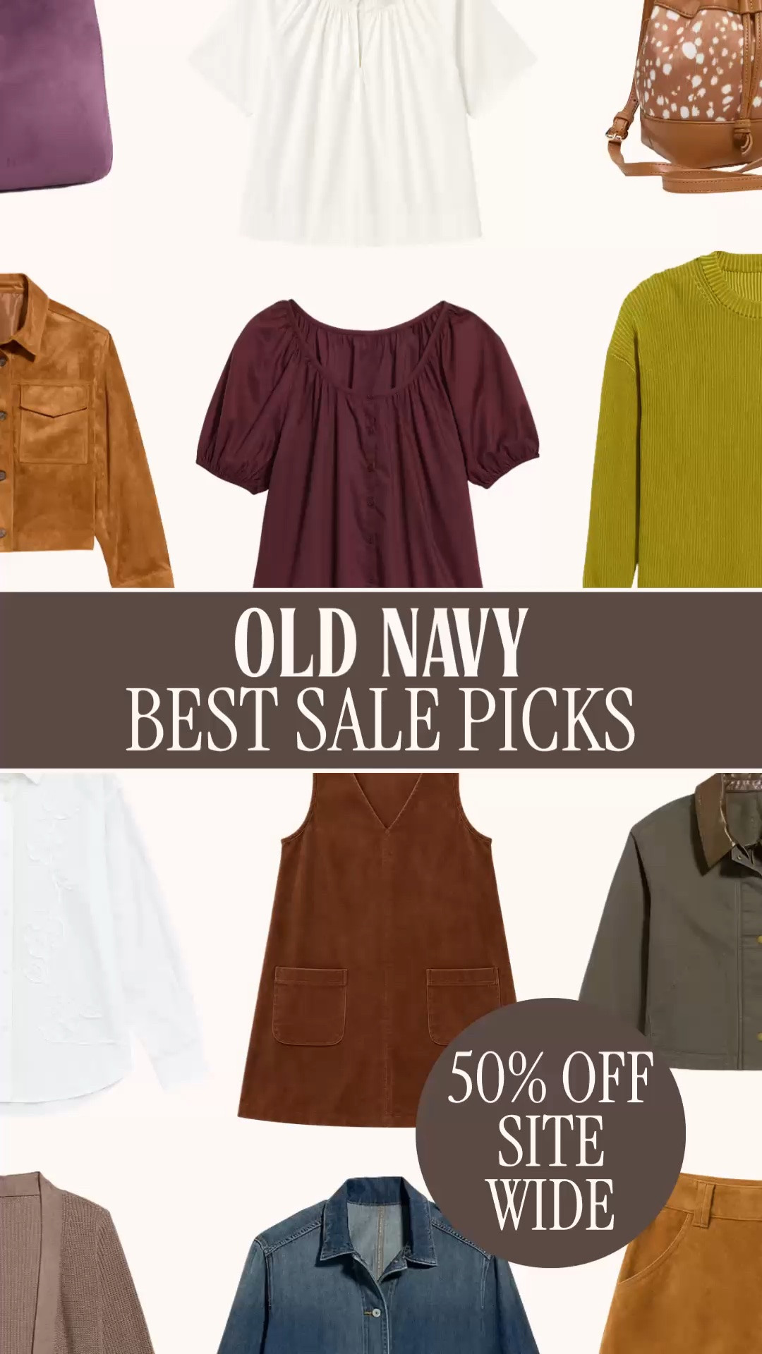 Old Navy sale | Old Navy fall outfits | fall wardrobe | fall fashion finds | affordable fall style

Old Navy is 50% off right now, which makes this a very good time to get a head start on fall without paying full September prices.

I pulled the pieces that will do the most work once the weather turns: suede jackets, corduroy dresses, denim shirts, lightweight sweaters, puff sleeve tops, fall handbags, neutral layers, olive jackets, brown pants, and the kind of early fall pieces you can start wearing before it is actually cold.

Think teacher outfits, casual work outfits, weekend outfits, apple orchard outfits, travel outfits, school pickup, coffee runs, date nights, layered looks, and everyday fall outfits. 

The color story is exactly where fall is headed: chocolate brown, burgundy, olive green, camel, cream, plum, denim, and warm neutrals that mix easily with jeans, loafers, ballet flats, boots, and simple gold jewelry.

Old Navy fall sale, Old Navy 50% off, Old Navy fall outfits, Old Navy fall fashion, Old Navy finds, Old Navy style, fall wardrobe, fall wardrobe essentials, affordable fall fashion, fall outfits women, fall outfit ideas, early fall outfits, teacher outfits, work outfits women, casual work outfits, business casual outfits, suede jacket women, corduroy dress, denim shirt women, fall sweaters women, puff sleeve blouse, olive jacket women, brown pants women, fall handbags, fall layers, transitional outfits, autumn outfits, preppy fall style, casual fall style, fall fashion finds, fall sale finds

#LTKFindsUnder50 #OldNavyStyle #FallFashion #FallOutfits #TeacherOutfit #Workwear #LTKSaleAlert #PreppyStyle

#LTKSaleAlert #LTKWorkwear #LTKootd