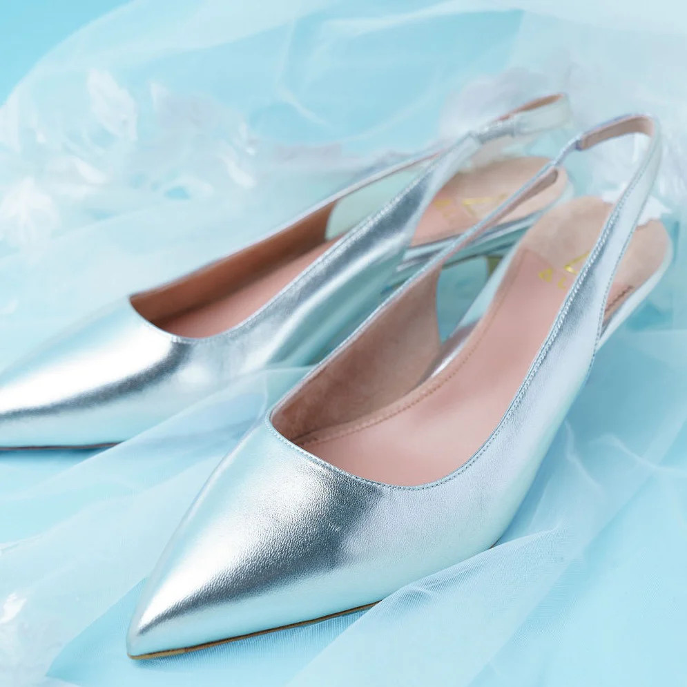 Silver Metallic Leather Slingback Kitten Heel | ALLY Shoes