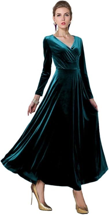 Urban CoCo Women Long Sleeve V-Neck Velvet Stretchy Long Dress | Amazon (US)