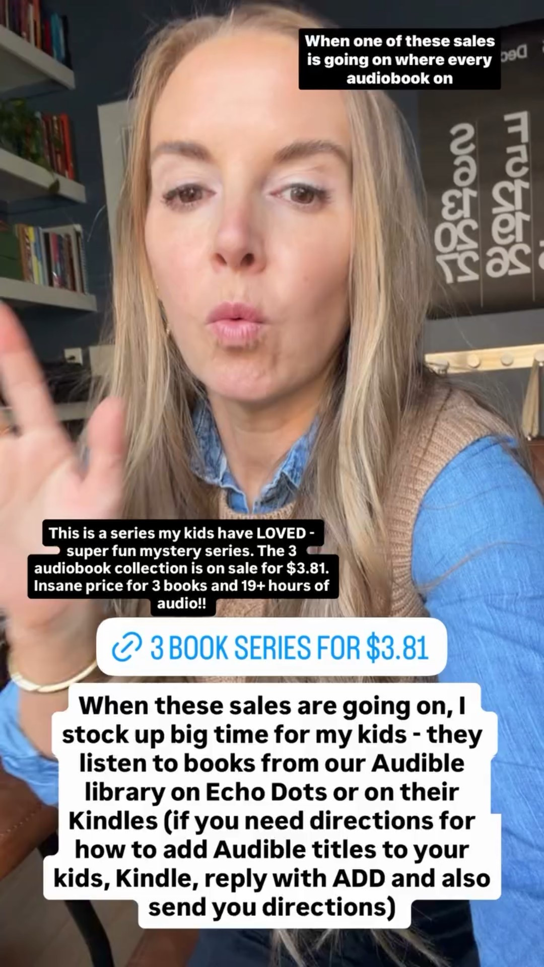 When these sales are going on, I stock up big time for my kids - they listen to books from our Audible library on Echo Dots or on their Kindles. This is a series my kids have LOVED - super fun mystery series. The 3 audiobook collection is on sale for $3.81. Insane price for 3 books and 19+ hours of audio!!
(***You have to have an Audible membership to get this deal)

#LTKKids