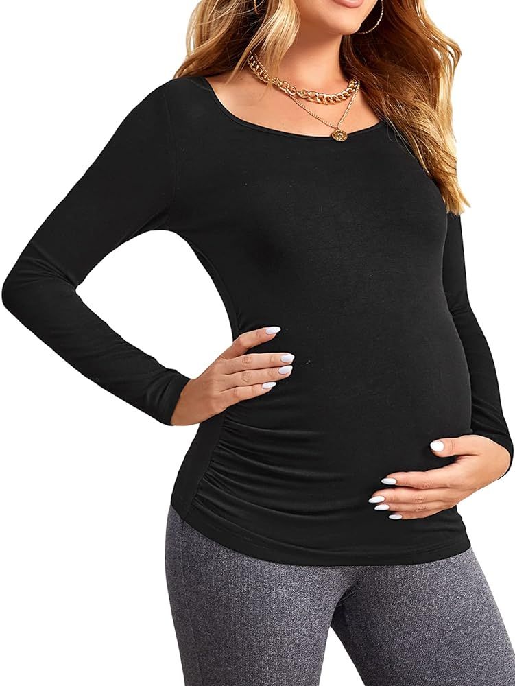 Verdusa Women's Maternity Top Ruched Side Ruched Side Long Sleeve Shirt Tee | Amazon (US)