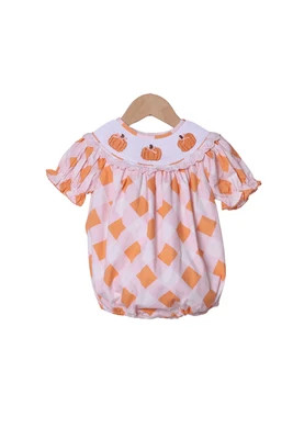 Smocked Pumpkin Pink and Orange Buffalo Check Bubble | The Smocked Flamingo