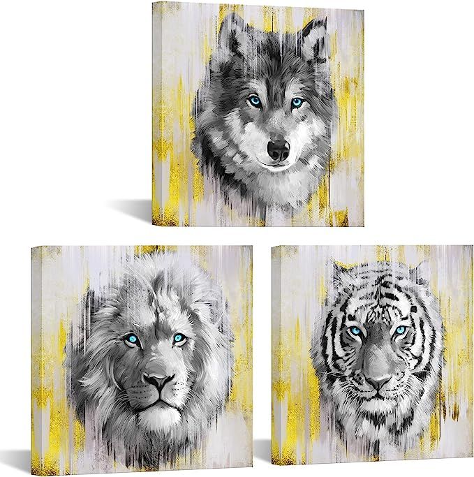 HOMEOART Yellow Grey Print Wolf Tiger Lion Painting Canvas Wall Art Wild Animal Picture Prints Li... | Amazon (US)