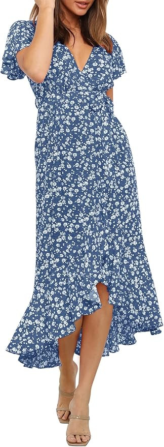 ZESICA Women's Summer Bohemian Floral Printed Wrap V Neck Beach Party Flowy Ruffle Midi Dress | Amazon (US)