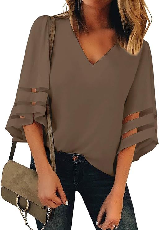 ROSKIKI Women Summer 3/4 Bell Sleeve V Neck Casual Chiffon Blouse Tops Patchwork Loose T Shirt | Amazon (US)