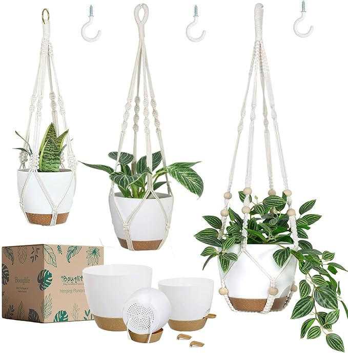 Bouqlife Hanging Planters with Macrame Plant Hangers for Indoor Outdoor Plants 3 Set Self Waterin... | Amazon (US)