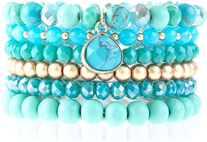 Bohemian Natural Stone Beaded Multi Layer Stacking Statement Bracelets - Sparkly Crystal, Wood, T... | Amazon (US)