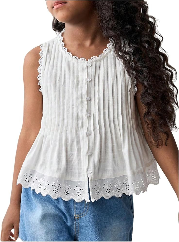 SHENHE Girl's Boho Lace Trim Linen Tank Top Button Up Pleated Sleeveless Eyelet Top Shirt | Amazon (US)