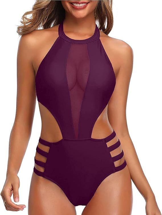 Tempt Me Women One Piece Sexy Mesh Swimsuit High Neck Halter Cutout Monokini Swimwear | Amazon (US)