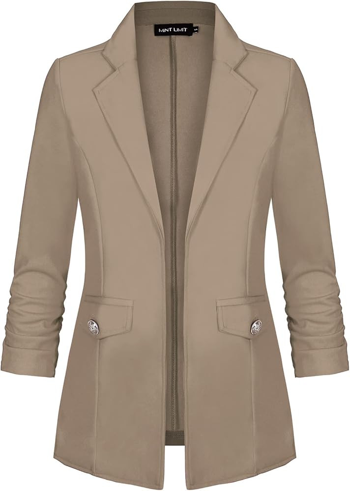 MINTLIMIT Women's Open Front Blazers Ruched 3/4 Sleeve Work Office Blazer Notch Collar Lightweigh... | Amazon (US)