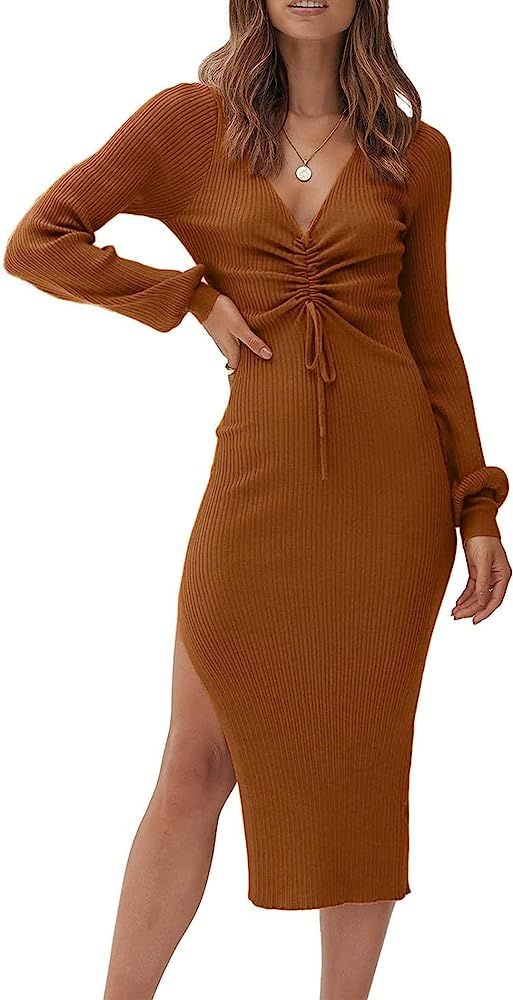 PRETTYGARDEN Women's Midi Sweater Dress Long Lantern Sleeve Ruched V Neck Drawstring Side Slit Kn... | Amazon (US)