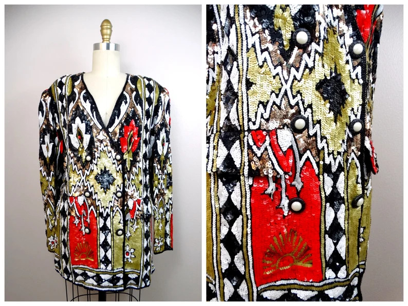 Vintage Geometric Sequined Blazer, Double Breasted Jacket | Etsy (Global)