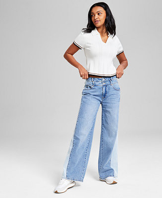 Petite Two-Tone Wide-Leg Double-Waist Jeans, Exclusively at Macy's | Macy's