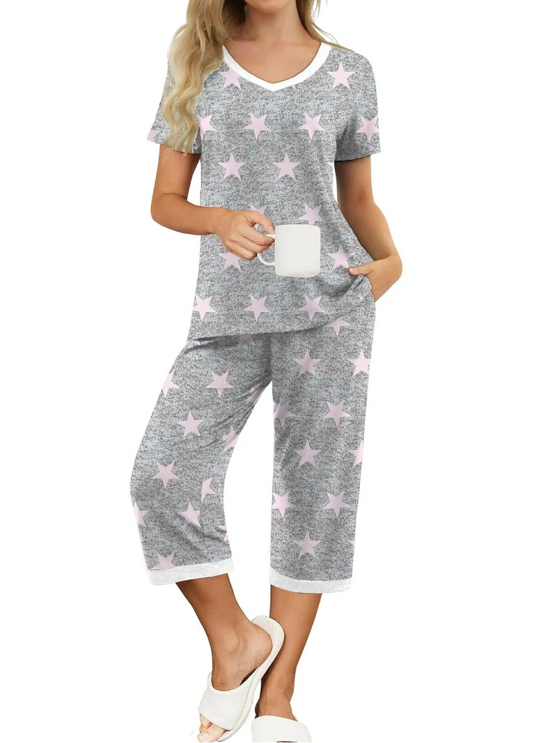 MINTREUS Womens Pajamas Short Sleeve Sleepwear Tops and Capri Pants Pjs Print Pajama Sets | Walmart (US)