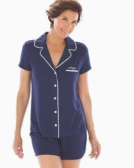 Soma Cool Nights Short Sleeve Grosgrain Trim Notch Collar Pajama Top Navy | Soma Intimates