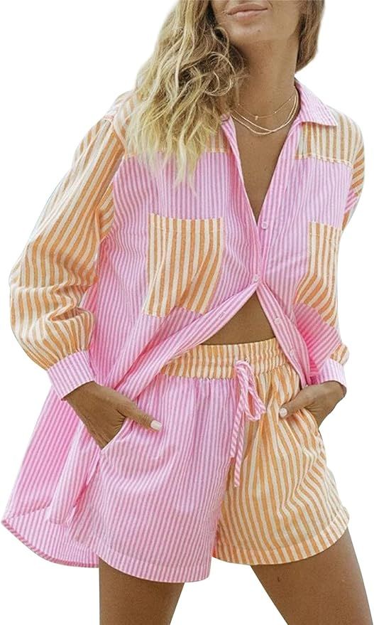 Women's Casual Loose Short Sleeve Button Cardigan Shirt Top Sweat Shorts Girl Summer 2 Piece Outf... | Amazon (US)