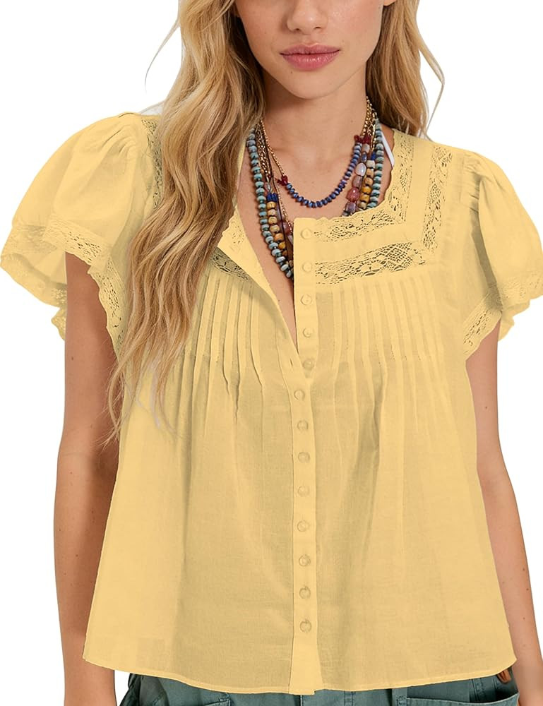 Women's Boho Peplum Babydoll Crop Tops Lace Vest Short Sleeve Button Down Semi Sheer Linen Shirts | Amazon (US)