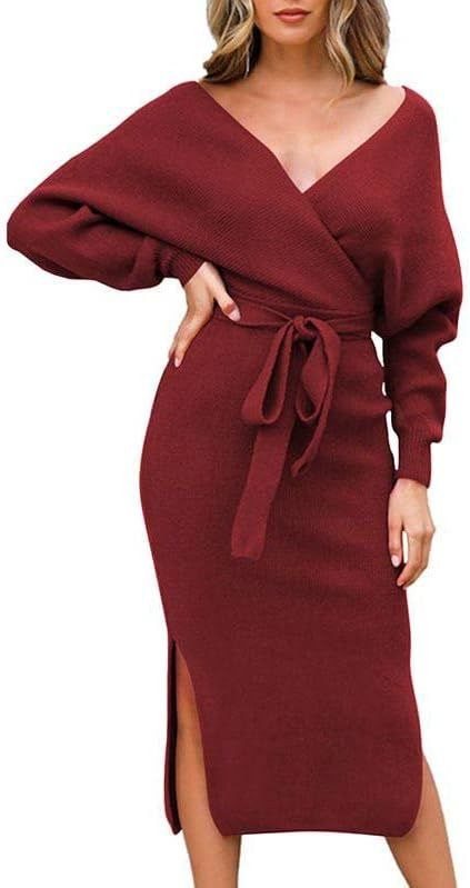 AOHITE Women V-Neck Sweater Midi Dress Batwing Long Sleeve Knitted Slim Fit Maxi Dresses with Bel... | Amazon (US)