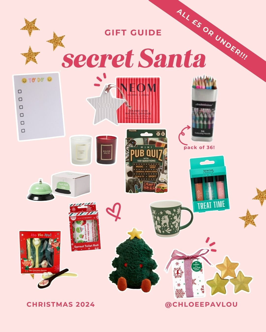 🎀✨🎅GIFT GUIDES 2024 🎅✨🎀
Secret Santa presents all for under £5. for colleagues, for him, for friends, for her, for work mates

christmas gift guide, gift guide 2024, present inspo, holiday inspo, present inspiration, gifts for her, gifts for him, stocking fillers, cheap presents, affordable presents 

 

#LTKuk #LTKgiftguide #LTKwinter
