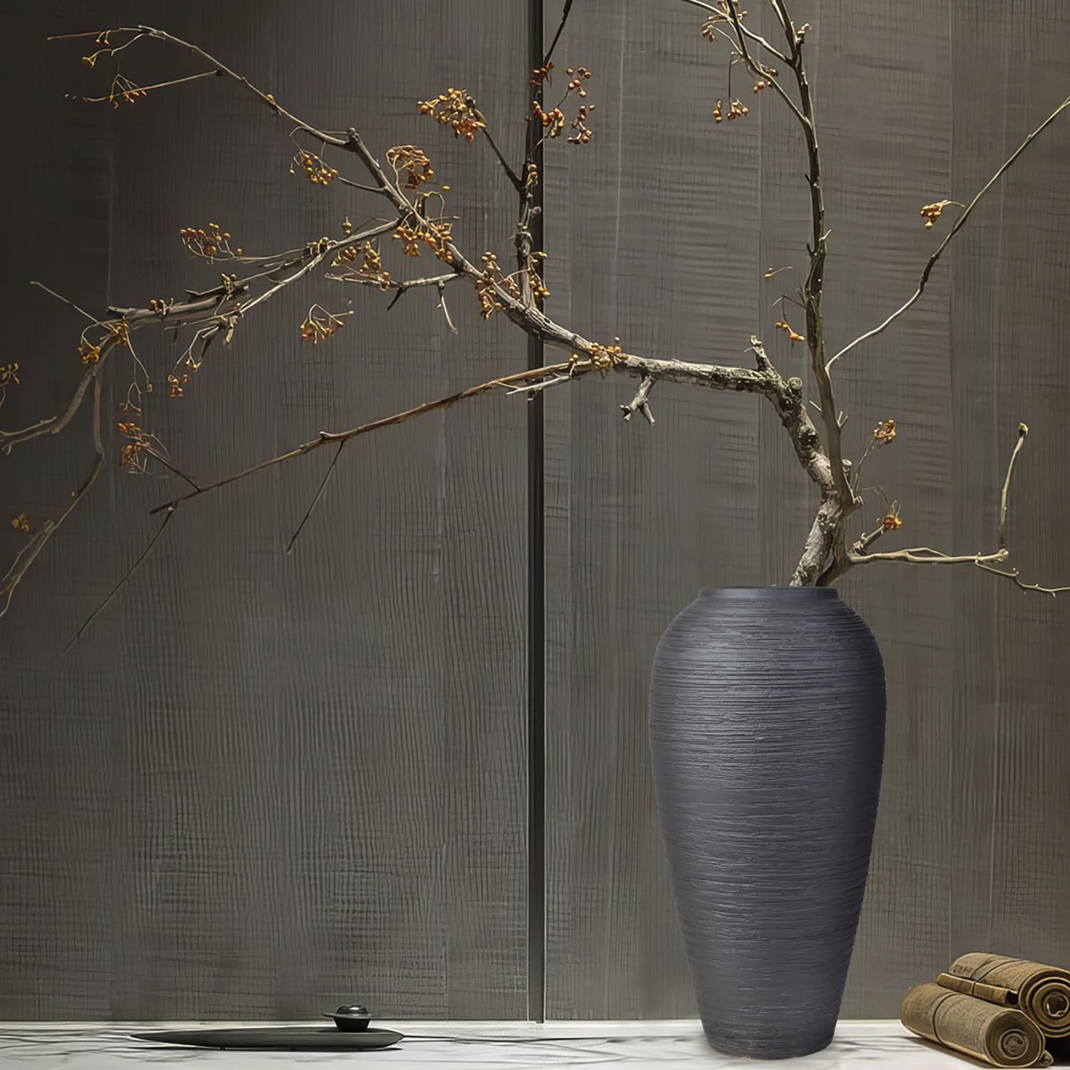 Black Rustic Ceramic Vase Vintage Large Vase,13.4 Inch Farmhouse Floor Tall Vase Pottery Clay Terracotta Rustic Vase for Home Decor Living Room Entryway Table Centerpieces,Kitchen,Housewarming Gifts | Amazon (US)
