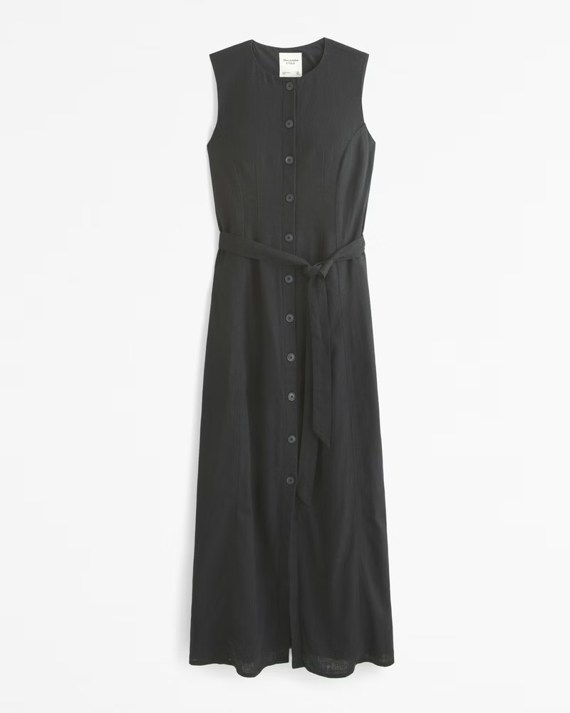 Women's Linen-Blend Belted Midi Dress | Women's Clearance | Abercrombie.com | Abercrombie & Fitch (US)