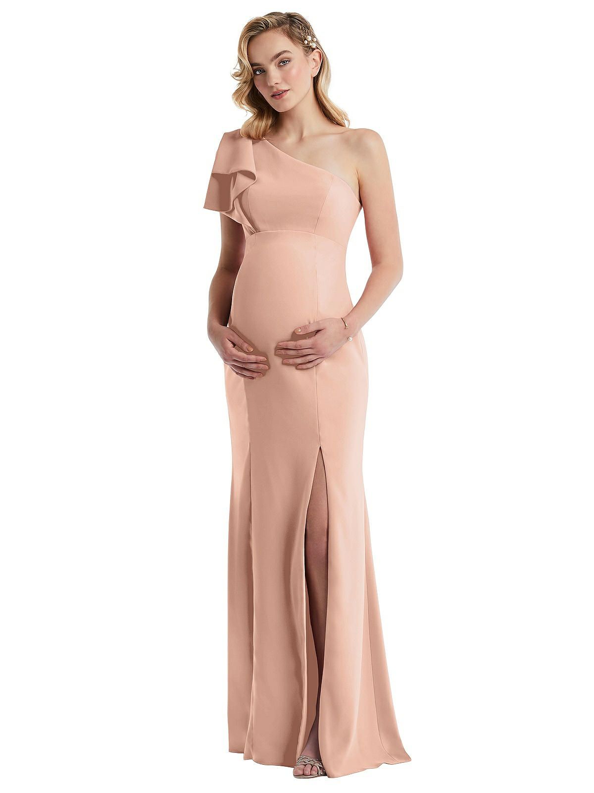 One-Shoulder Ruffle Sleeve Maternity Trumpet Gown in Pale Peach | The Dessy Group