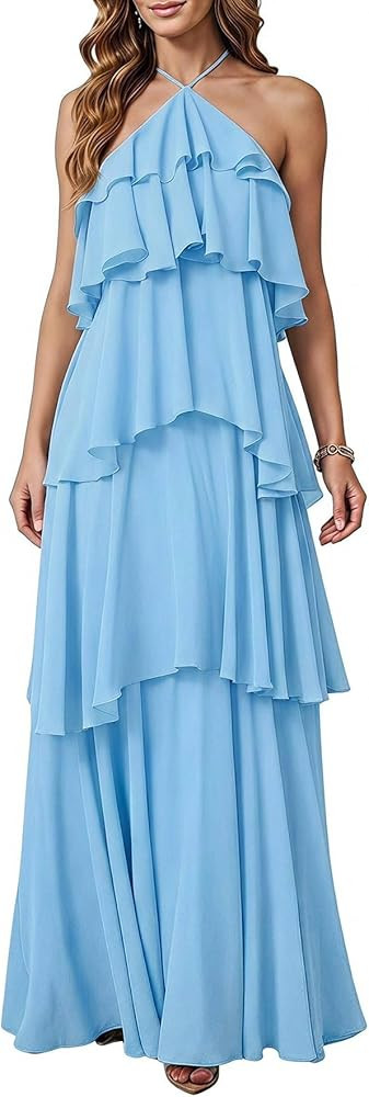 SOLY HUX Women's Wedding Guest Dress Sundresses Ruffle Layered Halter Backless Flowy Formal Maxi Dresses | Amazon (US)