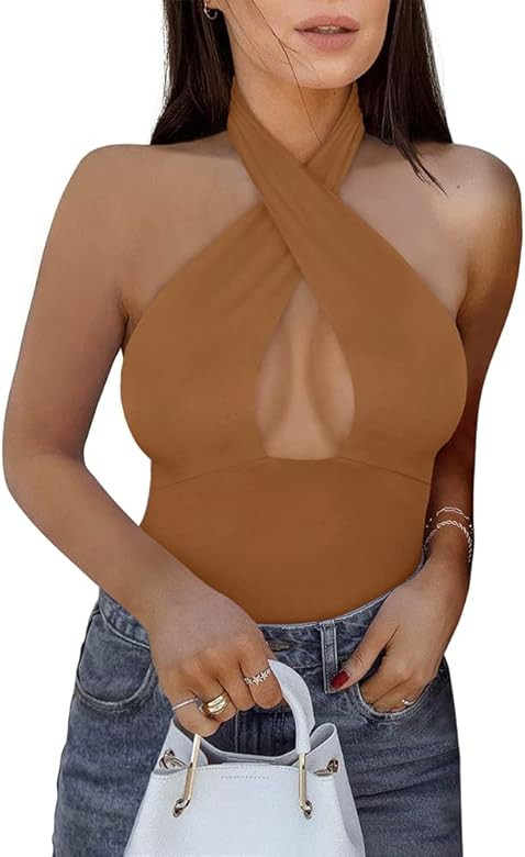 REORIA Women's Sexy Criss Cross Halter Neck Sleeveless Thong Bodysuits Tops Clubwear | Amazon (US)