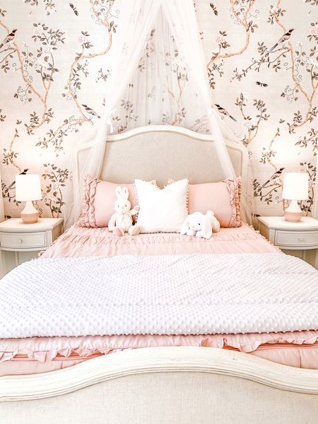 Girls bedroom, bed, nightstand, pink lamps, bedding, chinoiserie bird wallpaper 

#LTKunder50 #LTKhome #LTKstyletip