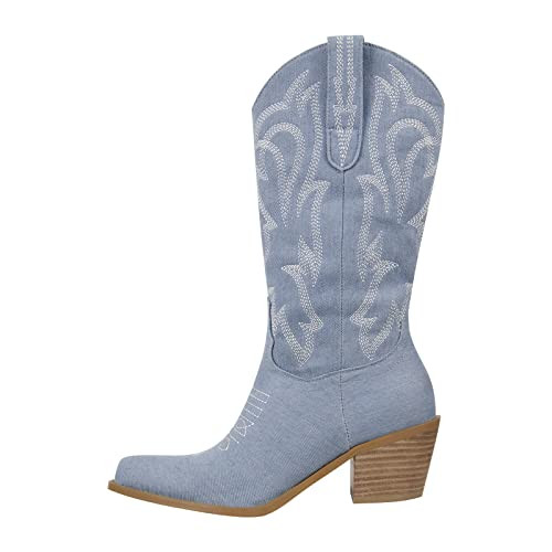 richealnini Embroidered Cowgirl Cowboy Boots for Women Pull-On Mid Calf Boots with Tab Canvas Block Chunky Heeled Western Country Riding Motorcycle Combat Outdoor Leisure Shoes Light Blue Size 12 | Amazon (US)