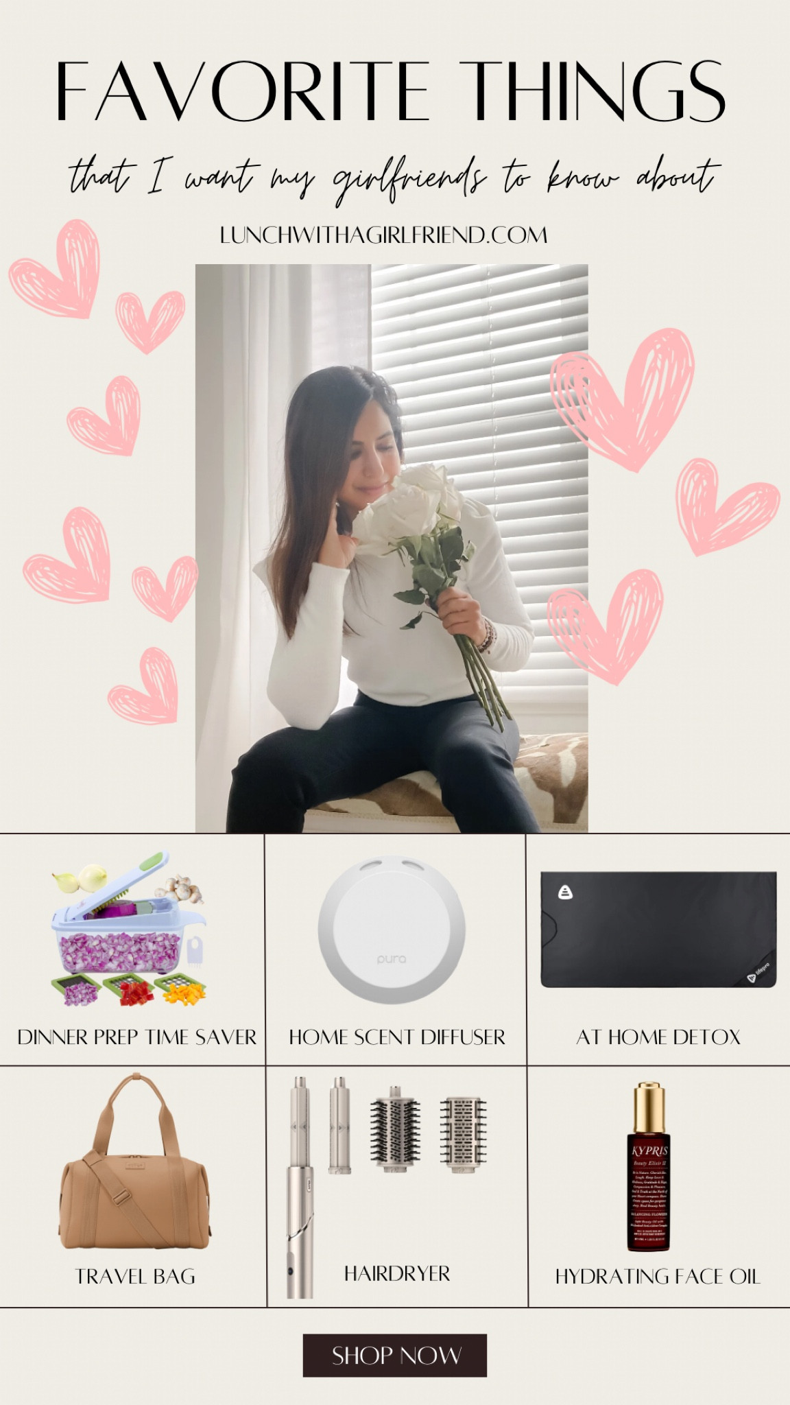 Some of my favorite things I want my girlfriends to know about, just in time for Valentine’s Day!

The veggie chopper is a time-saver in the kitchen for meal prep. Best kitchen gadget I purchased last year.

I stumbled upon the Pura diffuser while looking for an air freshener for my car. This is so good! The compatible app lets you control the time and degree of scent.

I got my sauna blanket for Christmas and I use it several nights a week for an at-home detox. 

I spied the travel bag from a girlfriend who does a lot of work travel. It is the perfect size for a weekend trip or to supplement a carry-on roller bag. It fits under the seat on every airplane I’ve been on and it attaches to the handle of my suitcase while I’m on the move.

I got my Shark flex style hairdryer a couple of years ago. It dries hair super-fast!

Kypris Beauty elixir is a hidden gem. Whenever I feel dried out I slather this on. The hydration is perfect for my mature dry skin. 

#LTKMostLoved #LTKGiftGuide #LTKHome