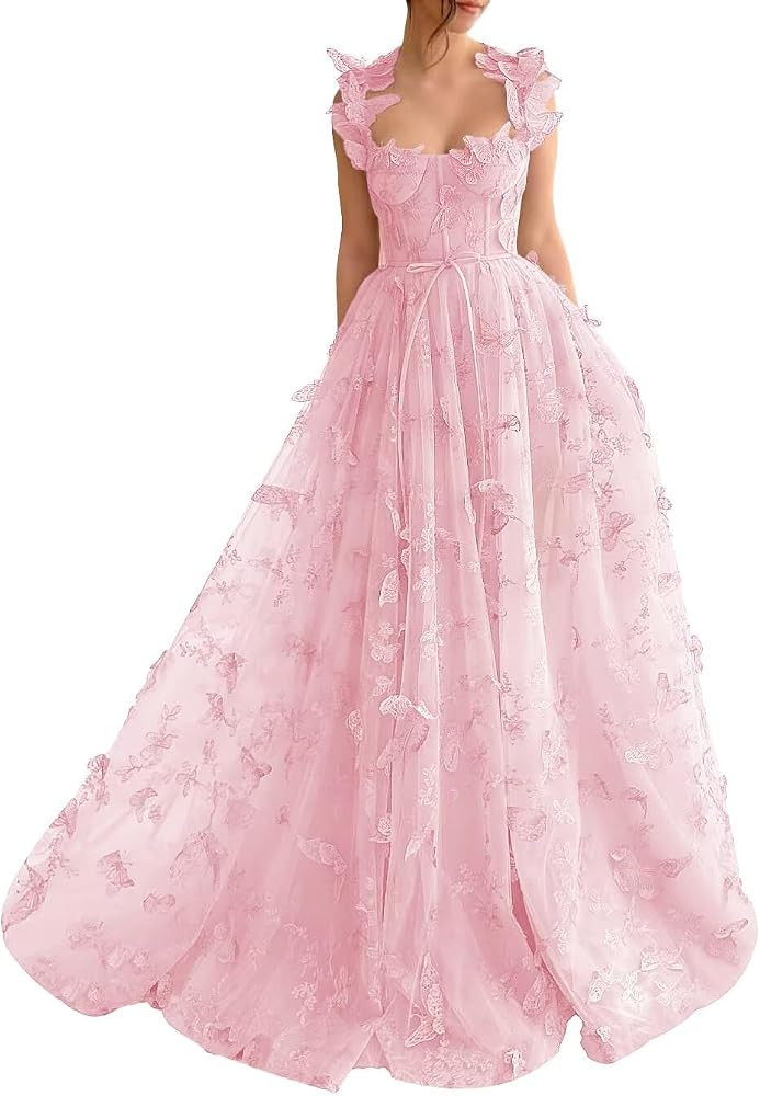 YUAOHUANG Corset Long Tulle Prom Dresses Butterfly Prom Dress for Women Lace Applique Fairy Ball ... | Amazon (US)