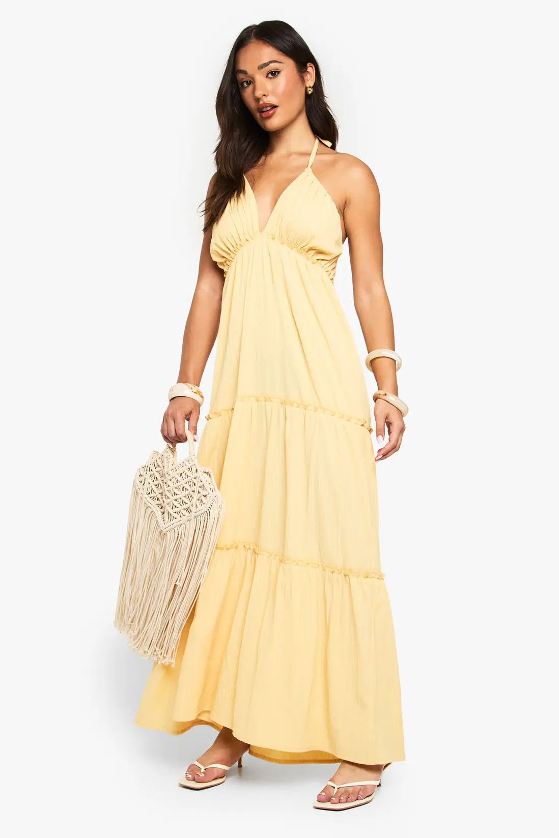 Lemon Petite Textured Crinkle Strappy Tiered Maxi Dress | Boohoo | Boohoo.com (UK & IE)