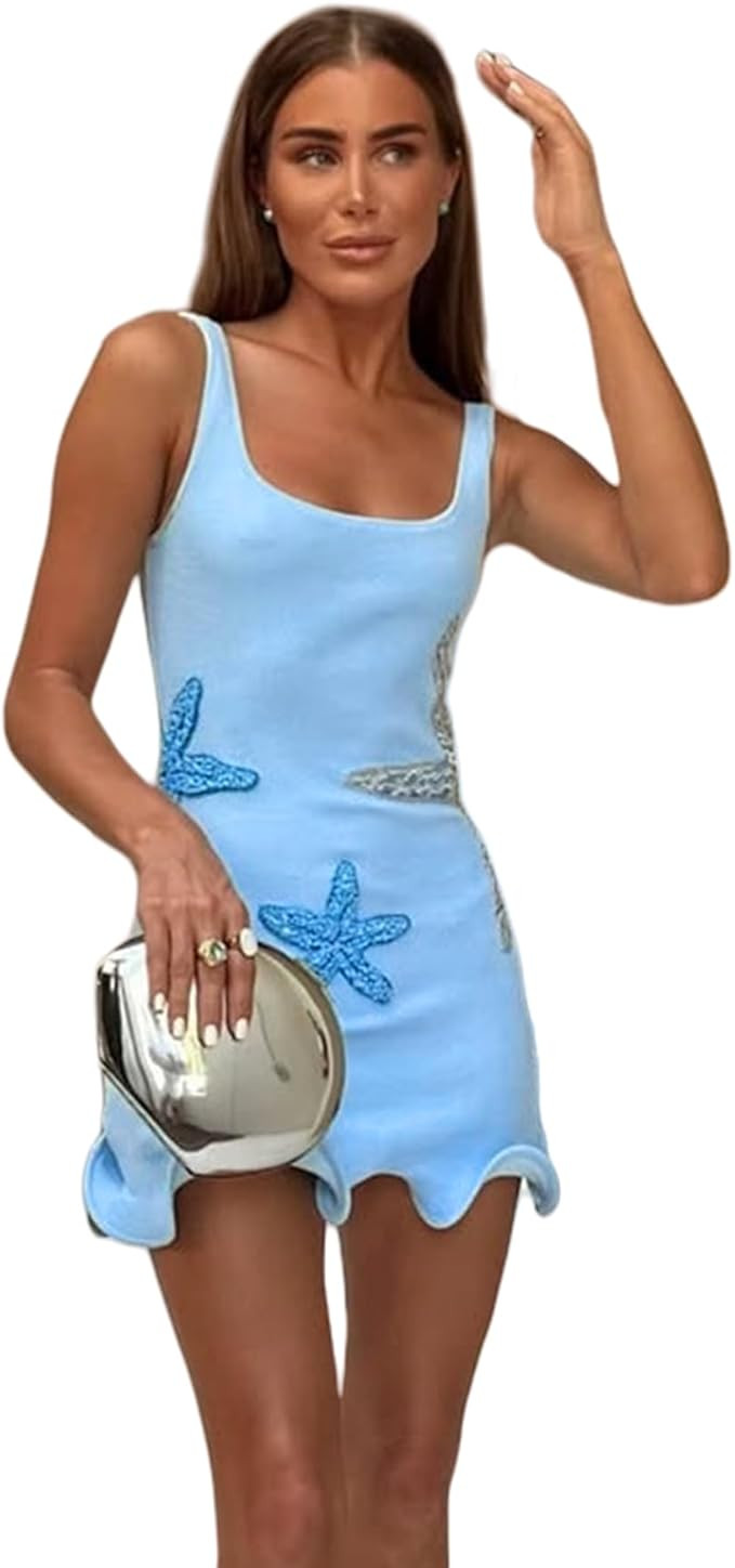 Suillty Women Teens Sequin Starfish Ruffle Hem Mini Tank Dress Sexy Square Neck Sleeveless Bodyco... | Amazon (US)