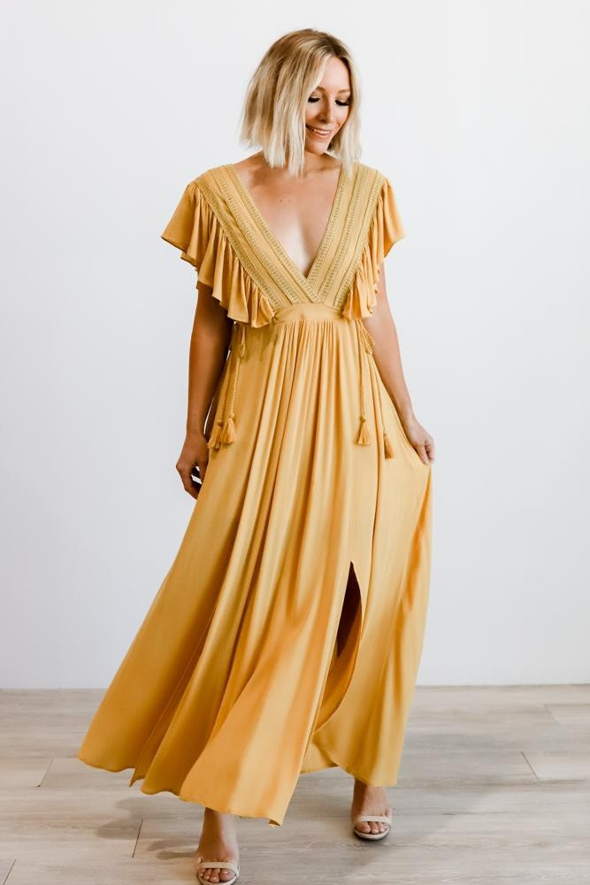Jennifer Mustard Deep V Maxi Dress | Baltic Born