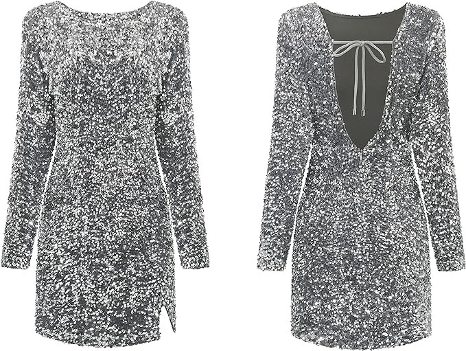 R.Vivimos Women's Sequin Bodycon Dress Fall Winter Velvet Warm Long Sleeve Crew Neck Sexy Backles... | Amazon (US)