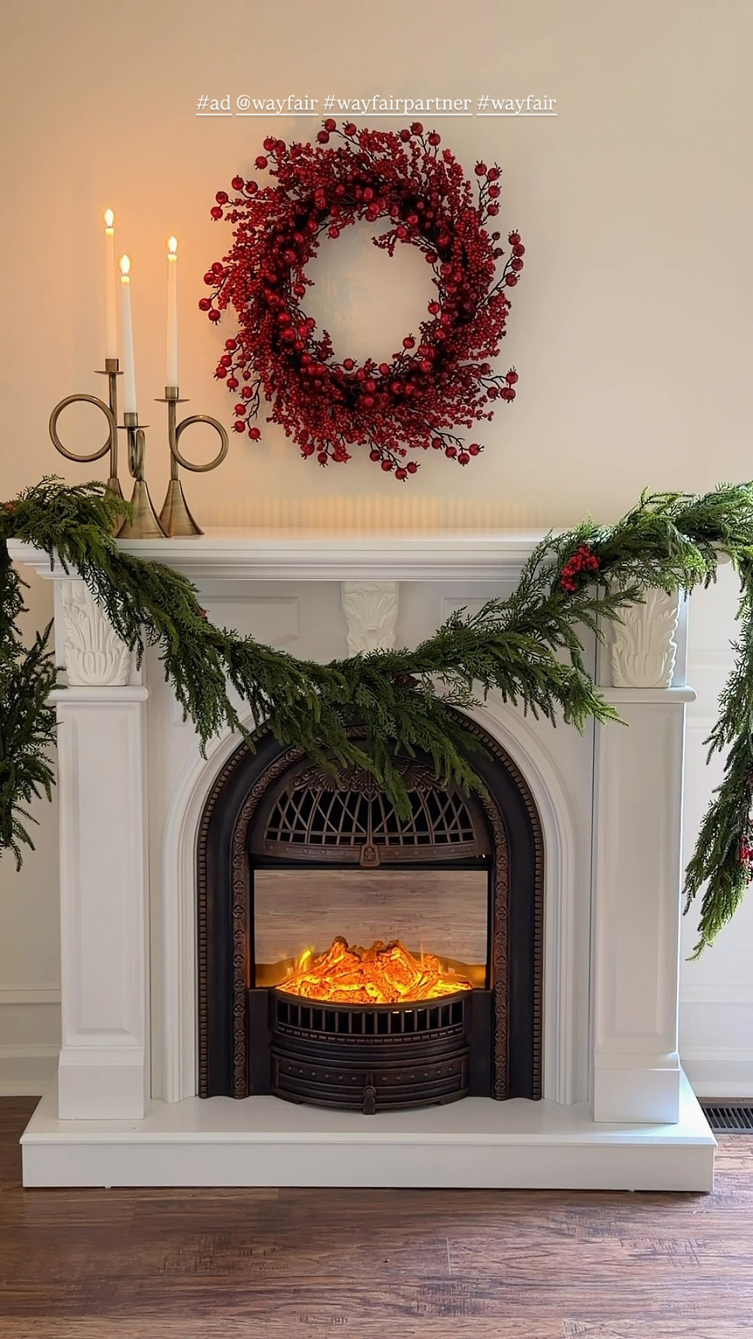 #ad This electric fireplace I found on @wayfair is an absolute dream! We just added it to this bedroom makeover we’re currently working on. But it needed a test drive of Christmas decor first… obviously. #wayfairpartner #wayfair
