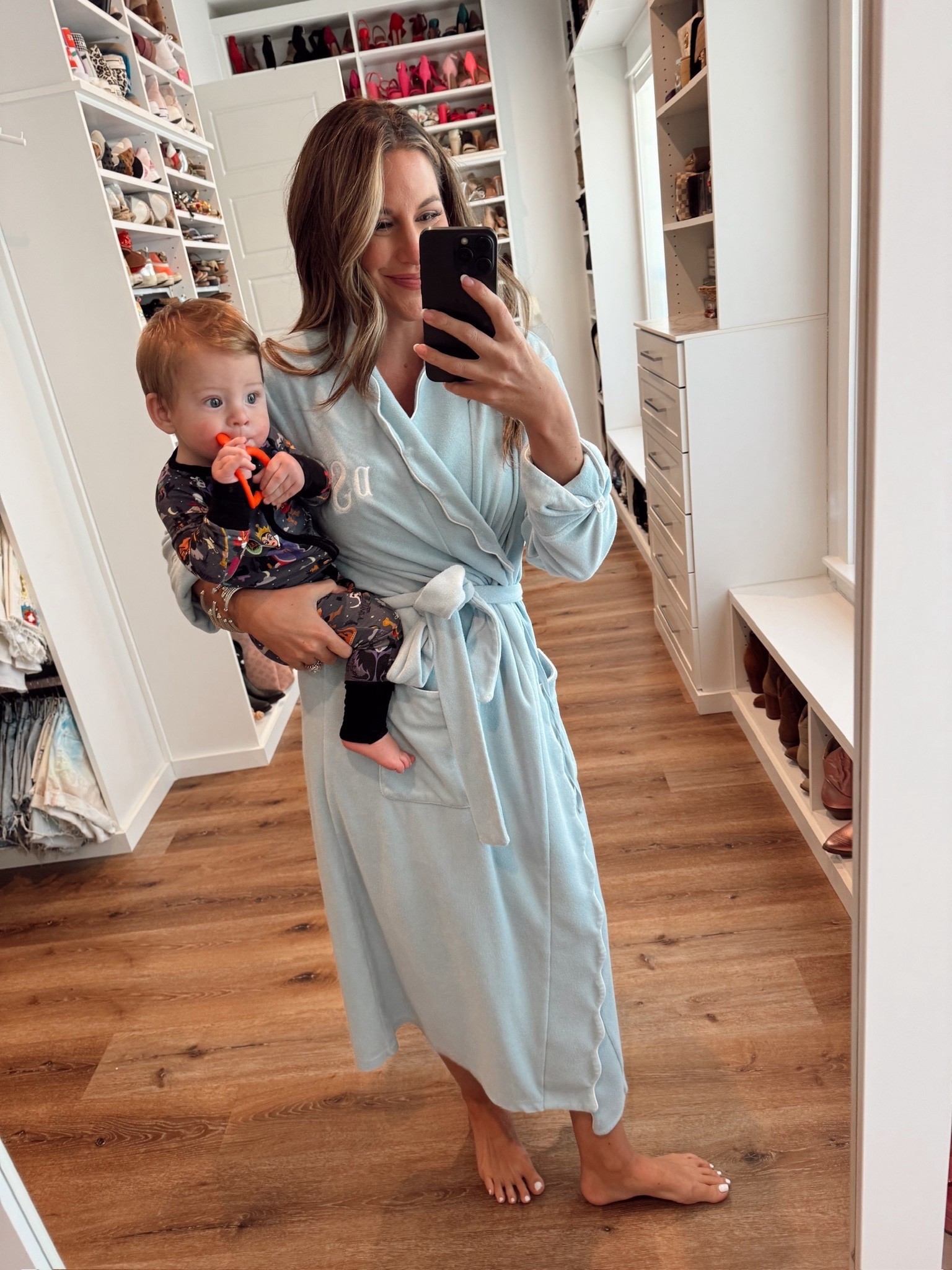 Comfy morning mommy and me ootds! The most comfortable robe that you can personalize and storms getting into the Halloween spirit with his Disney villain pajamas and pumpkin teether! 

#LTKBaby #LTKStyleTip #LTKSeasonal