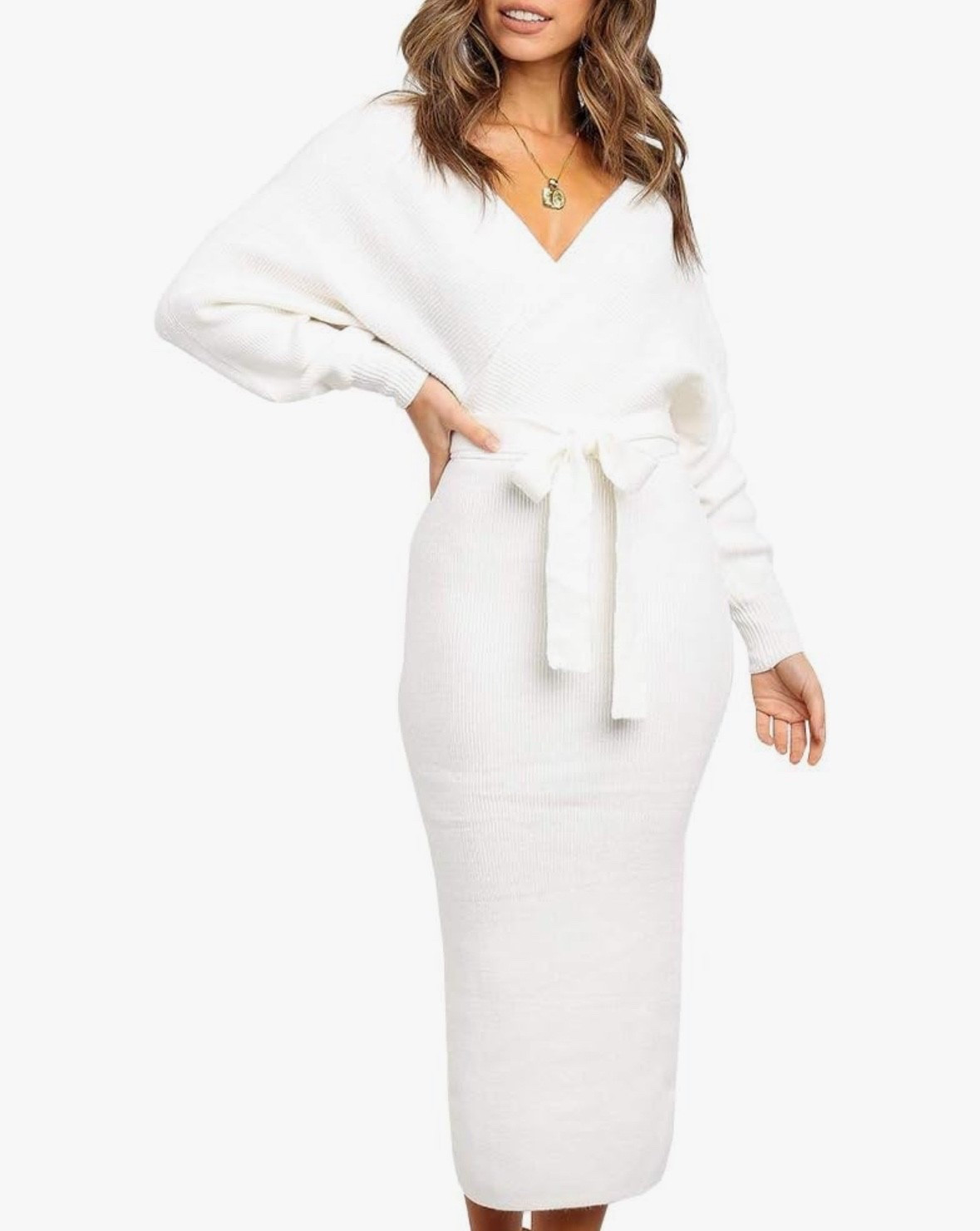 Chang Yun Women's Long Maxi Sweater Dresses Sexy Wrap Batwing V Neck Slit Open Back Holiday Bodycon
Dress with Belt
