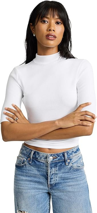 EXPRESS Women’s Ribbed Mock Neck Tee – Elbow Sleeve Stretch Knit Top with Fitted Layering Com... | Amazon (US)