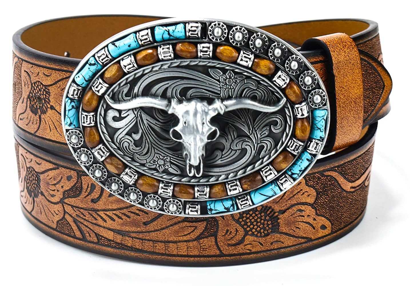 Western-Cowboy-Leather-Belts for Women Turquoise-Oval-Buckle Embossed Cowgirl Belt for Jeans Pant... | Amazon (US)
