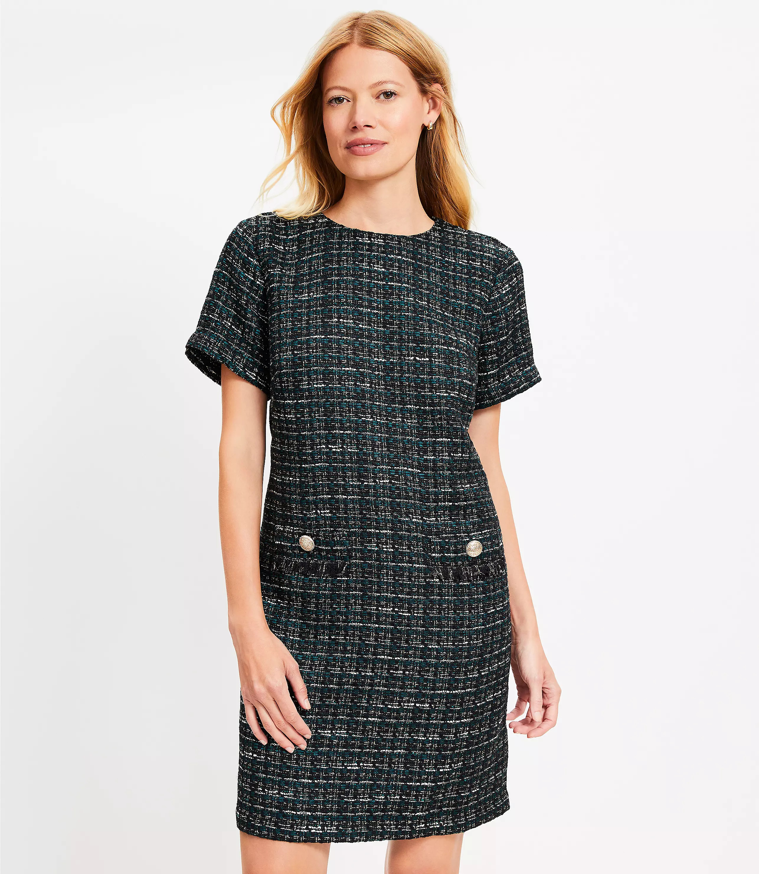 Metallic Tweed Fringe Pocket Mini Dress | LOFT