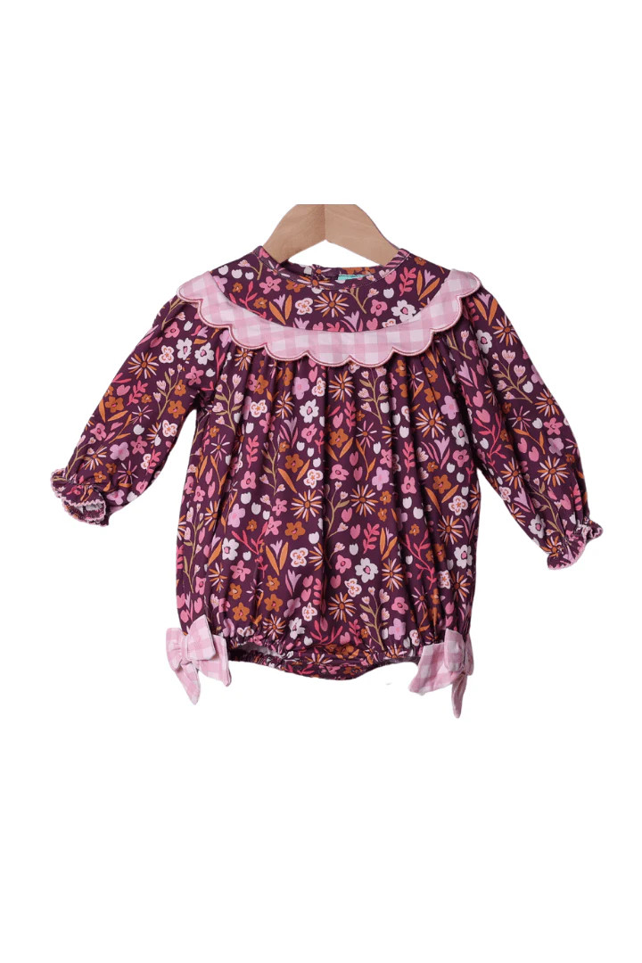 Fall Floral Maroon Scalloped Gingham Bubble | The Smocked Flamingo