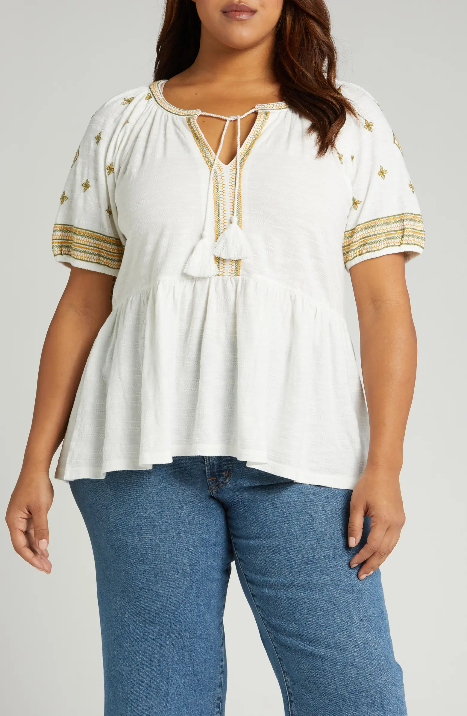 Lucky Brand Easy Embroidered Cotton Babydoll Top | Nordstrom | Nordstrom