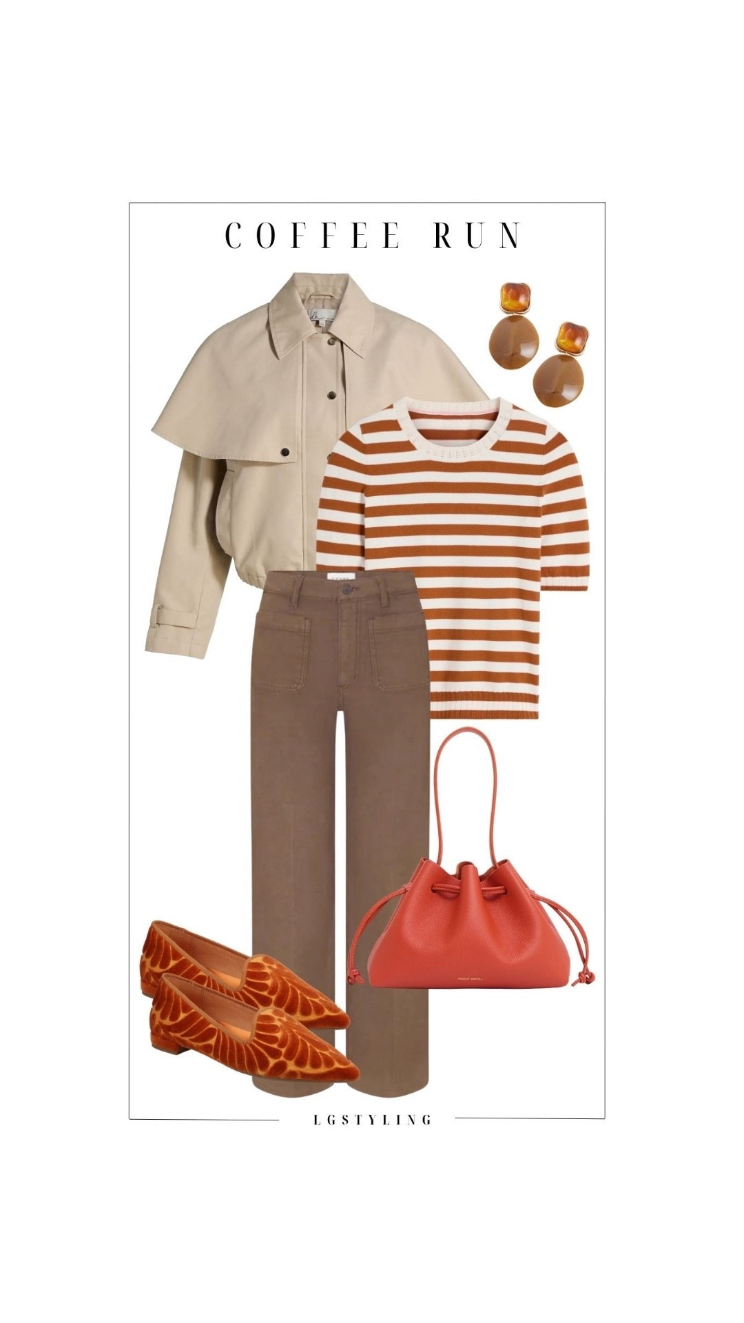 Coffee Run
Easy, polished, and a little playful. This coffee run look mixes warm neutrals with rich pops of orange for an outfit that feels elevated without trying too hard. The striped knit, utility-inspired trouser, and cropped cape jacket make this perfect for grabbing coffee, running errands, or easing into the weekend in style.