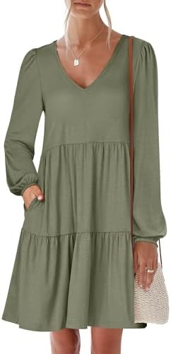 ANRABESS Womens Long Sleeve Dress 2026 Fall Casual V Neck Tiered Flowy Short Dresses Spring Beach... | Amazon (US)