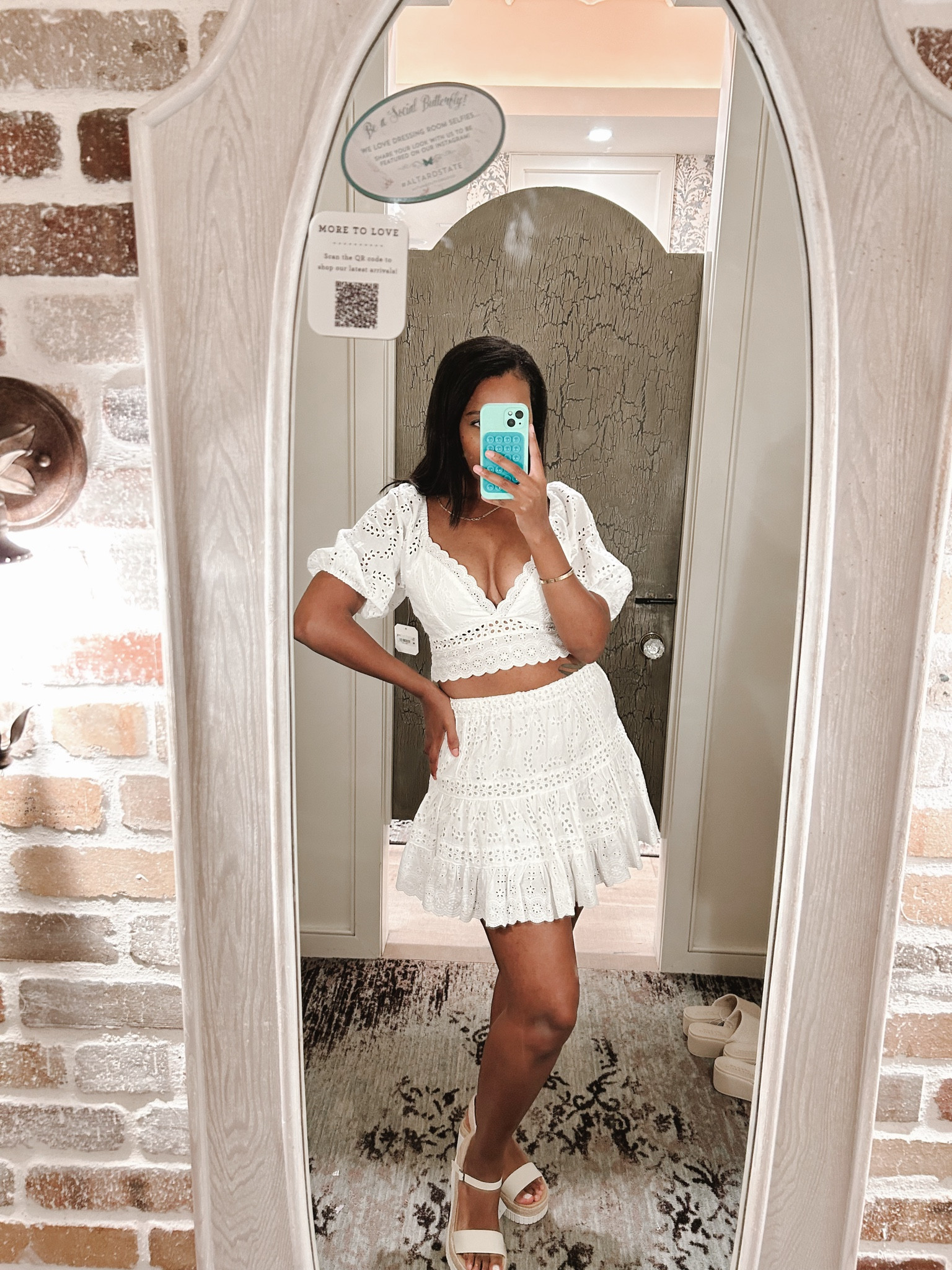 Eyelet top and matching mini skirt - wearing size M in the top & L in the bottoms 

Vacation outfits/resort wear/wedge sandals

#LTKstyletip #LTKtravel